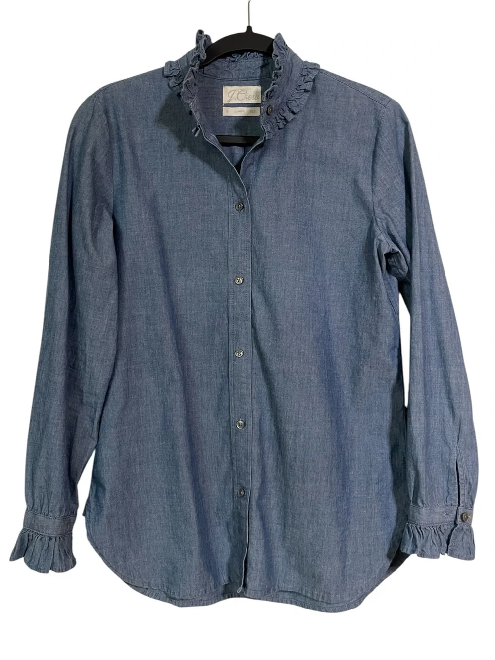 J.Crew Classic Chambray Ruffle Collar Button Up Shirt Women’s Size 2 Blue Cotton